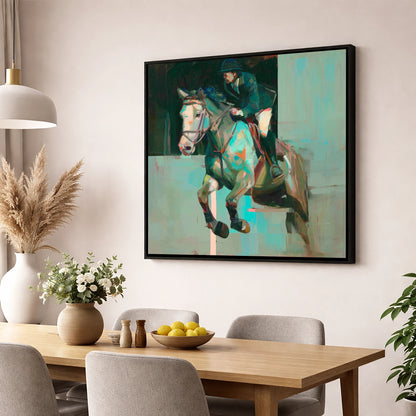 Suspended in Colour show jumping horse wall art displayed in a dining room