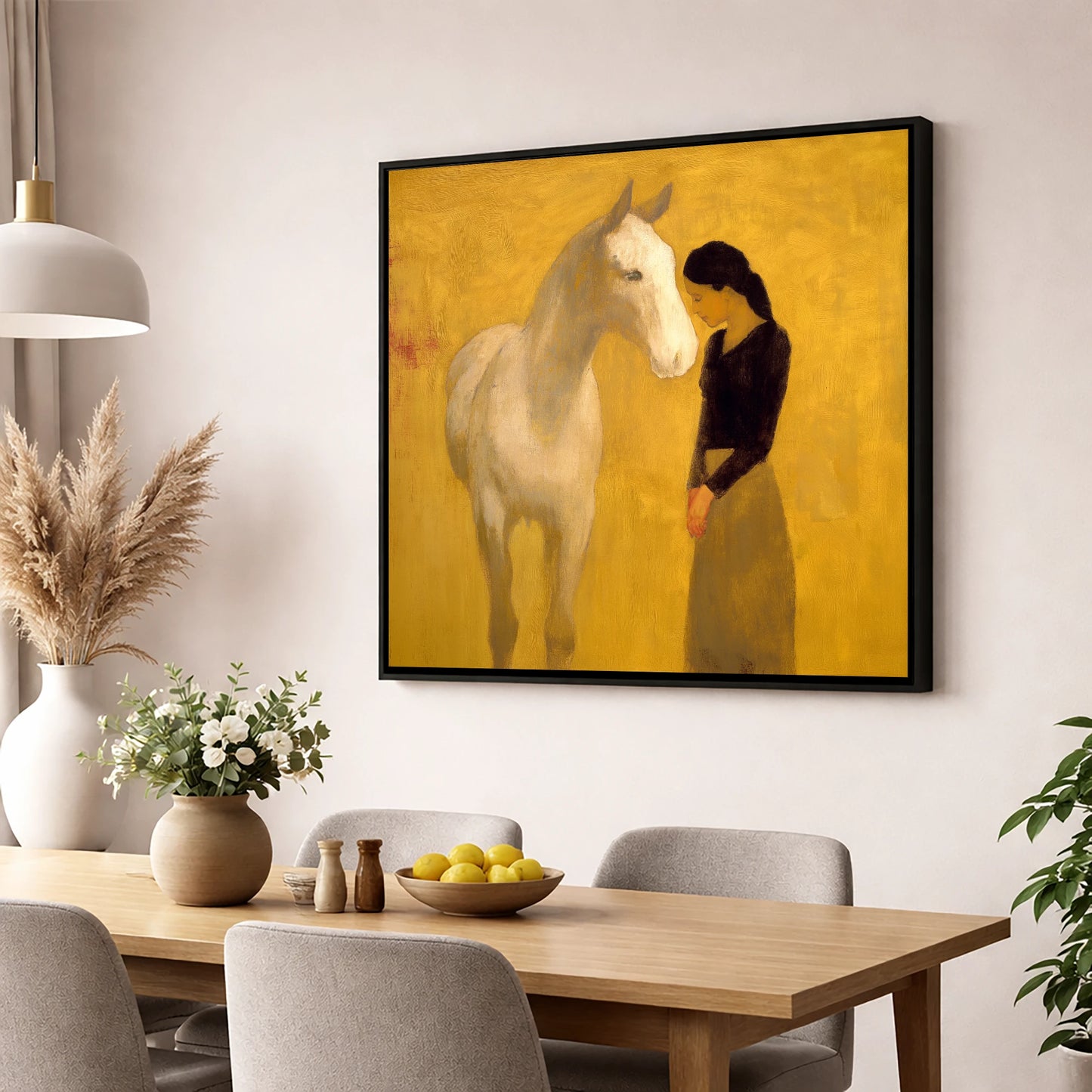 A Silent Understanding horse & rider wall art displayed in a dining room