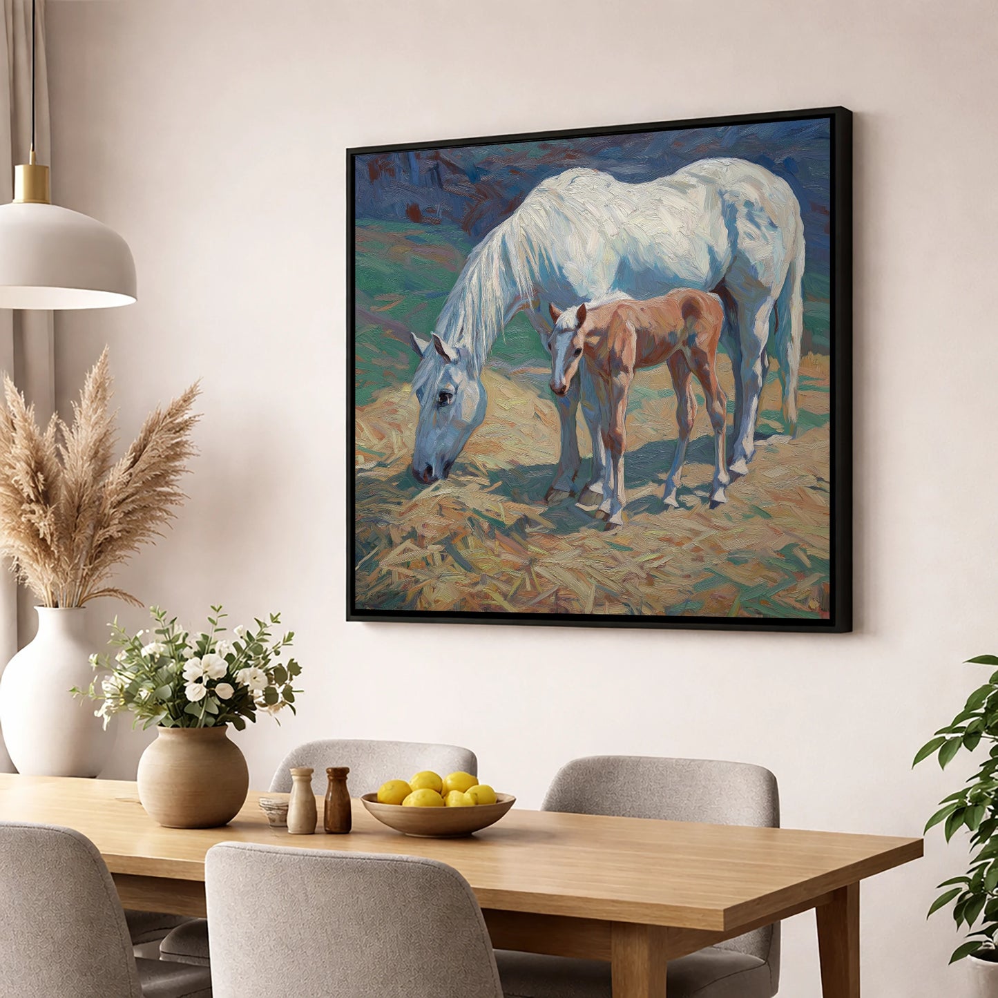 Sunlit Grey and Foal mare & foal wall art displayed in a dining room