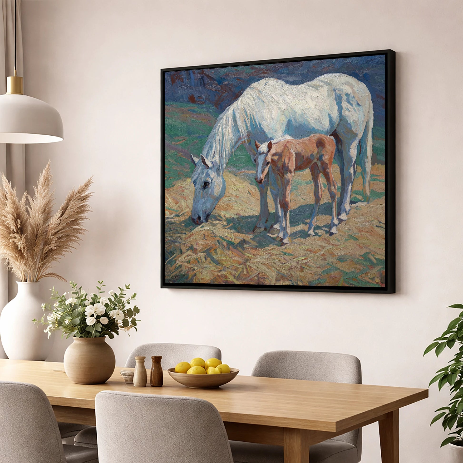 Sunlit Grey and Foal mare & foal wall art displayed in a dining room