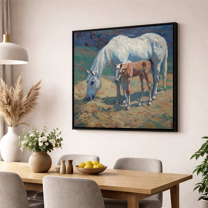 Sunlit Grey and Foal mare & foal wall art displayed in a dining room