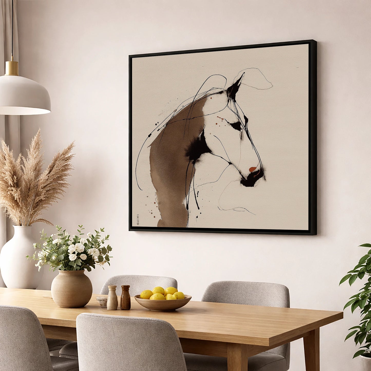 Fluid Sepia Profile horse portrait wall art displayed in a dining room
