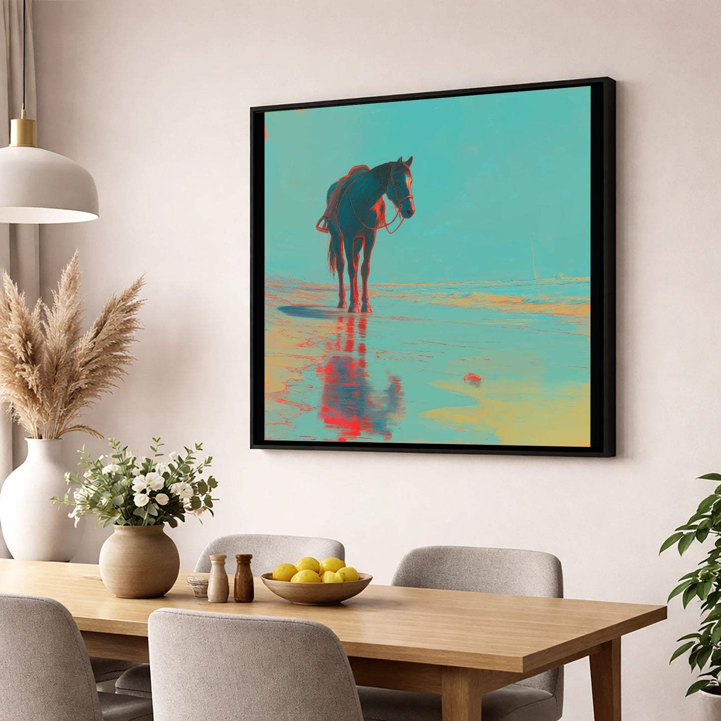 Neon Tide Reflection horse landscape wall art displayed in a dining room
