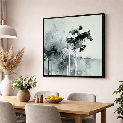 Airborne Shadows show jumping horse wall art displayed in a dining room