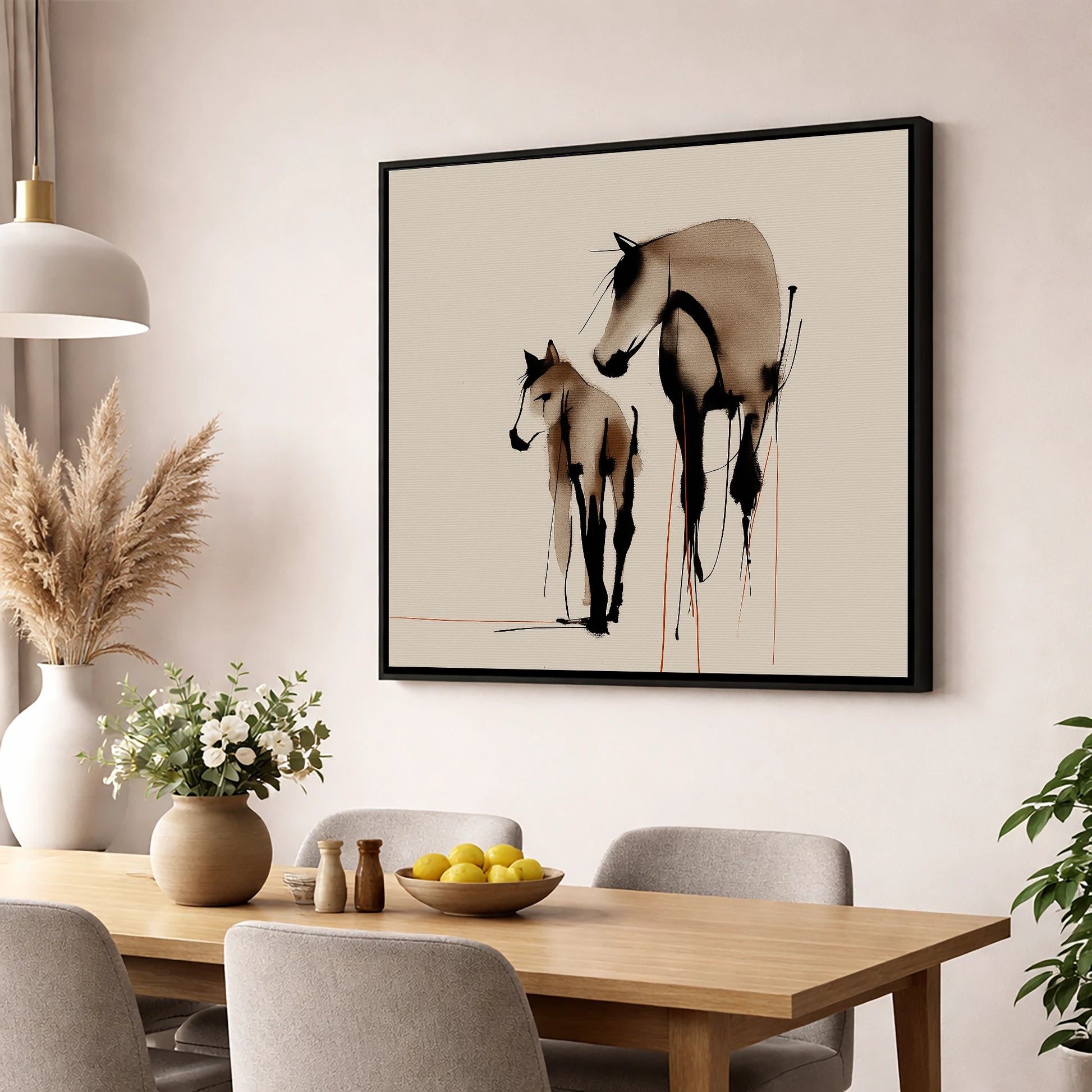 Quiet Devotion mare & foal wall art displayed in a dining room