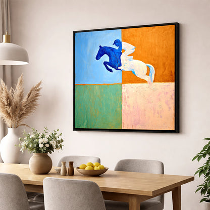 Abstract Cobalt Leap show jumping horse wall art displayed in a dining room