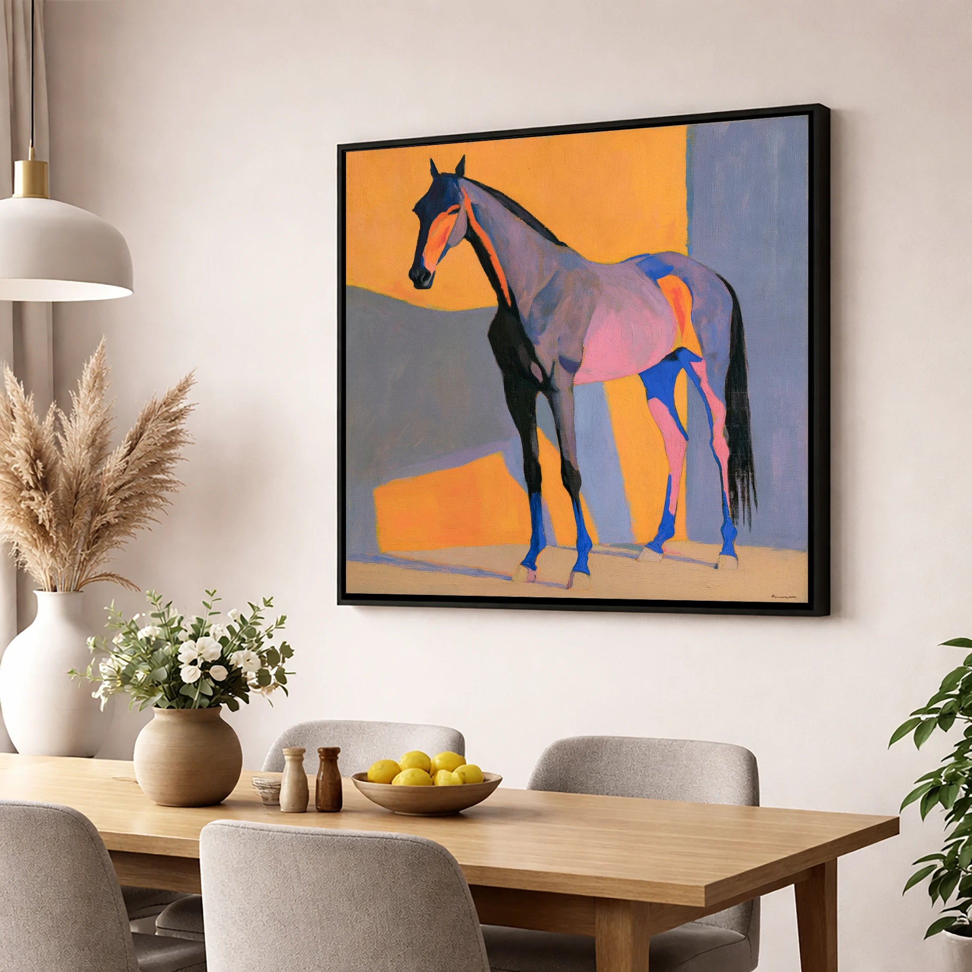 Vibrant Colour Block Horse horse breed wall art displayed in a dining room