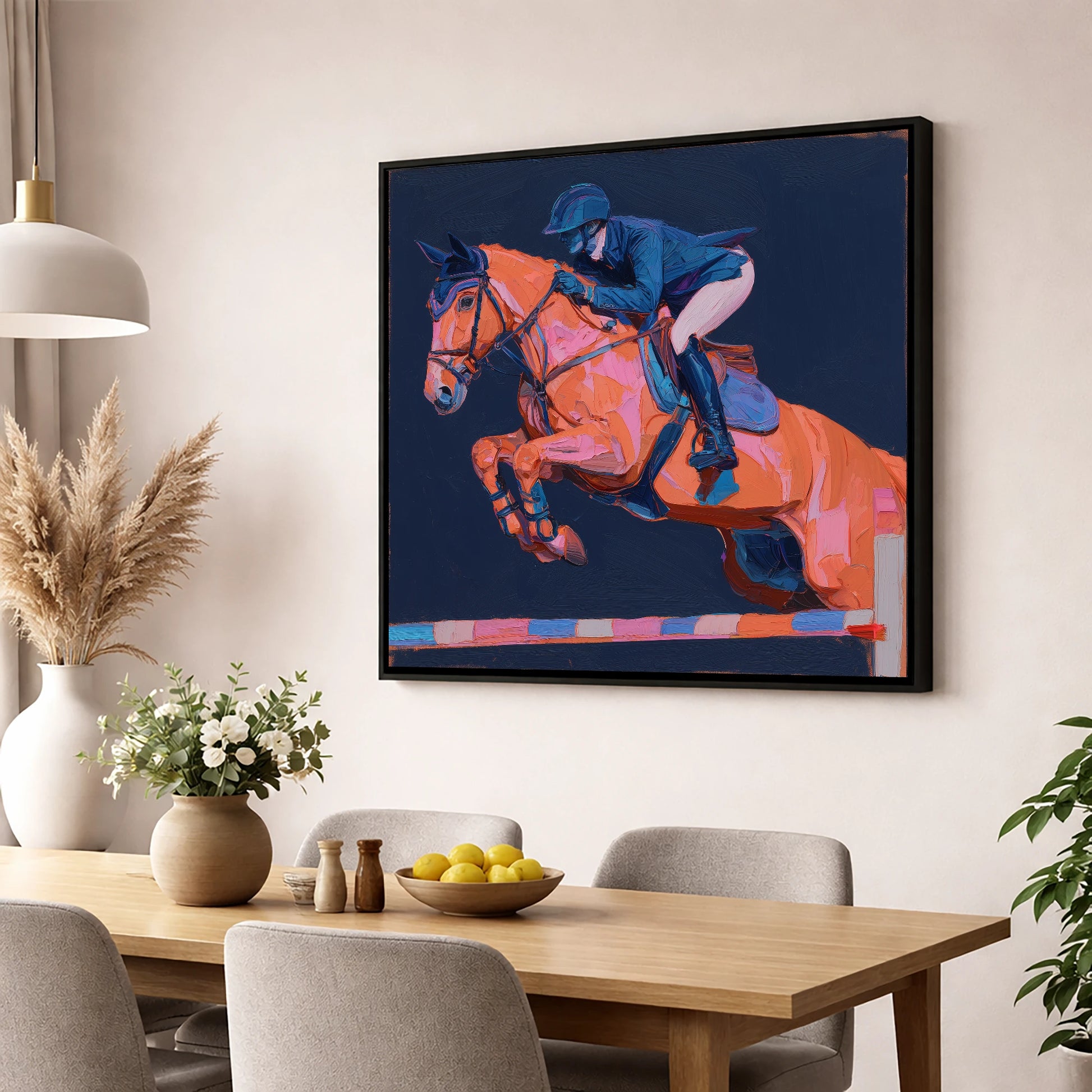 Vivid Flight show jumping horse wall art displayed in a dining room