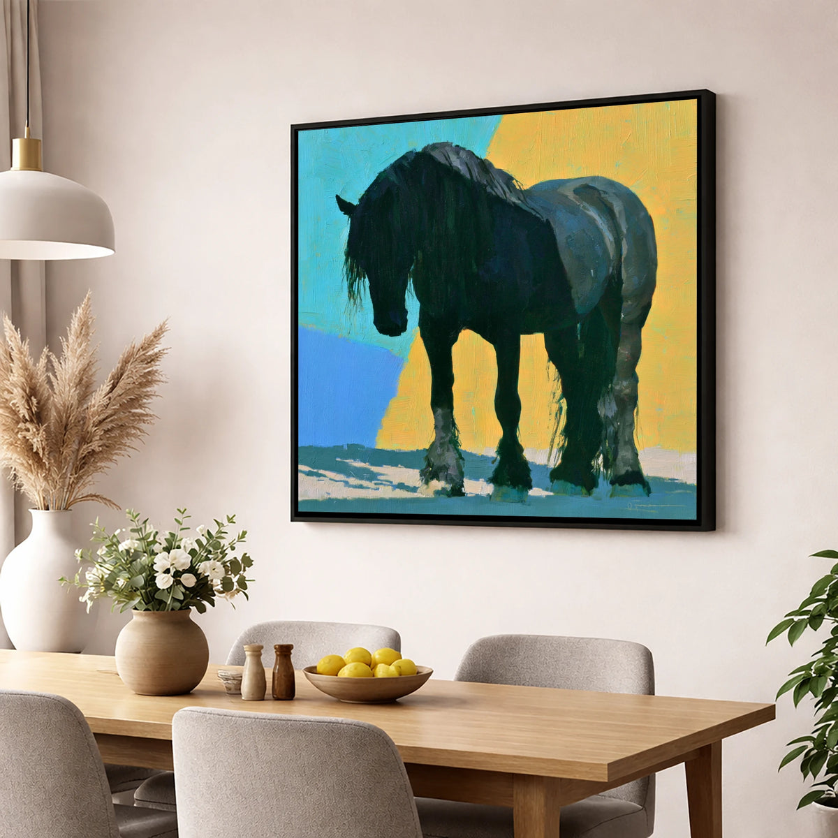 Heavy Horse Blue and Yellow horse breed wall art displayed in a dining room