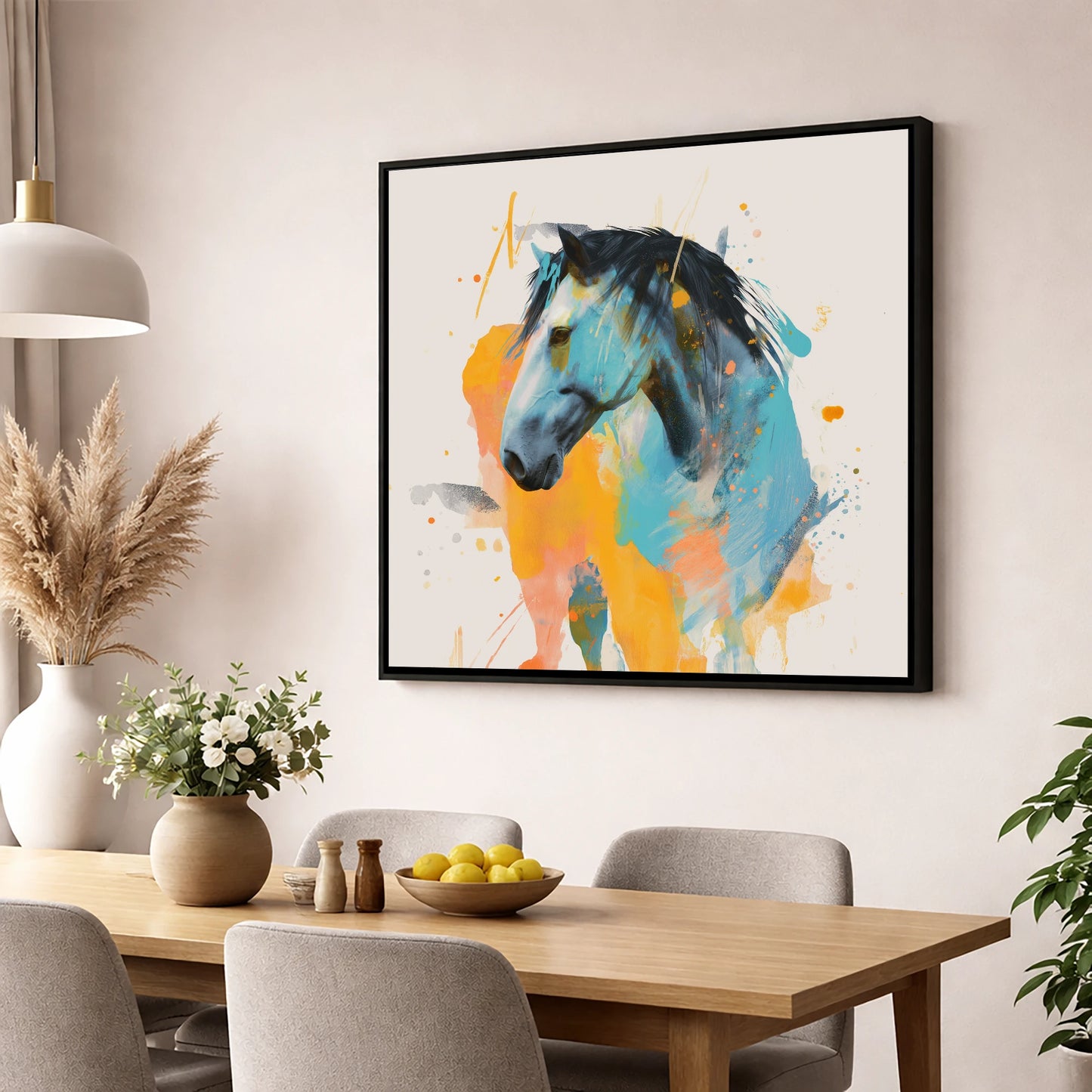 Azure Spirit horse portrait wall art displayed in a dining room