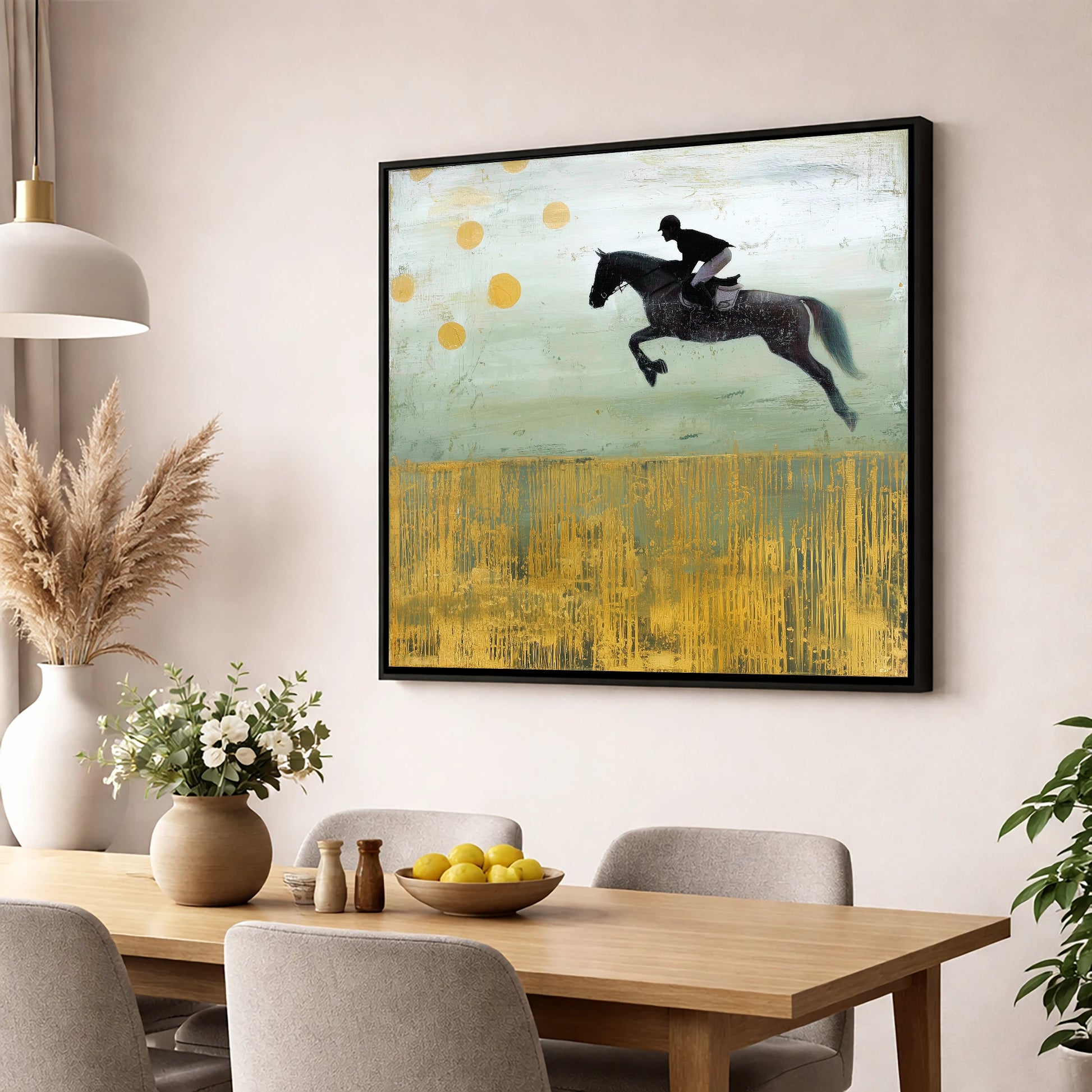 Gilded Flight show jumping horse wall art displayed in a dining room