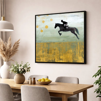 Gilded Flight show jumping horse wall art displayed in a dining room