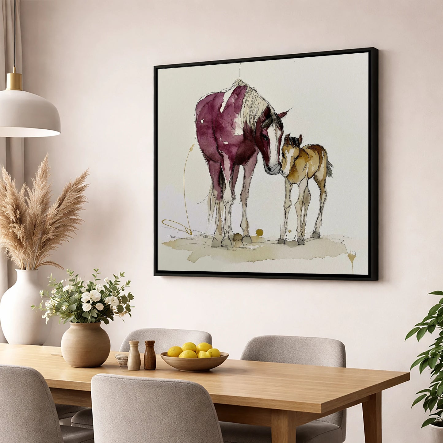 Painted Bond mare & foal wall art displayed in a dining room