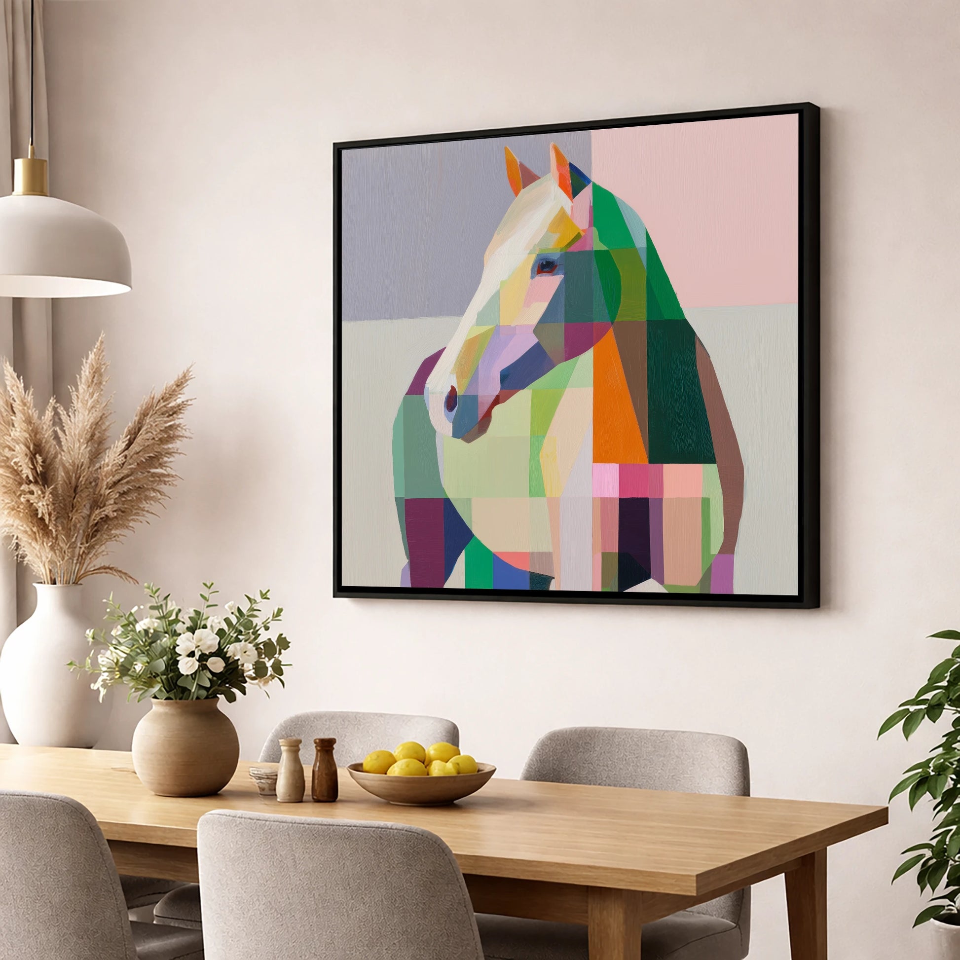 Prismatic Equine Profile horse portrait wall art displayed in a dining room