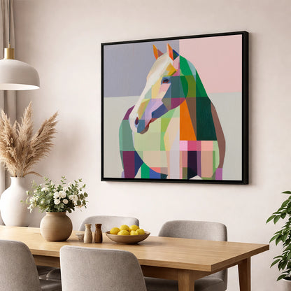 Prismatic Equine Profile horse portrait wall art displayed in a dining room