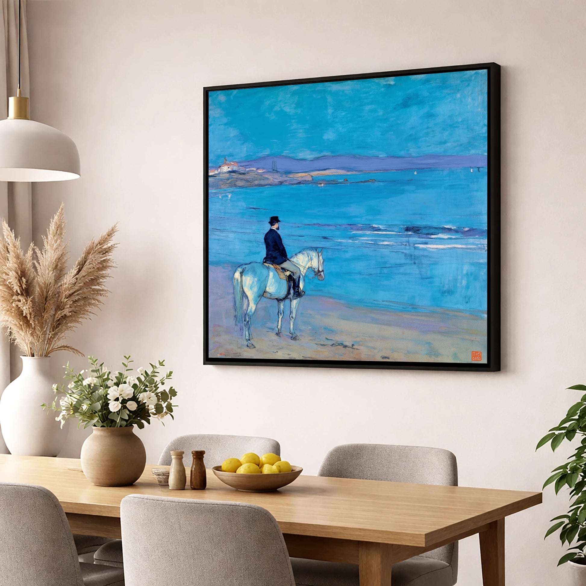 Gentleman's Coastal Ride horse landscape wall art displayed in a dining room