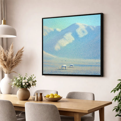 Ethereal Mountain Grazing horse landscape wall art displayed in a dining room