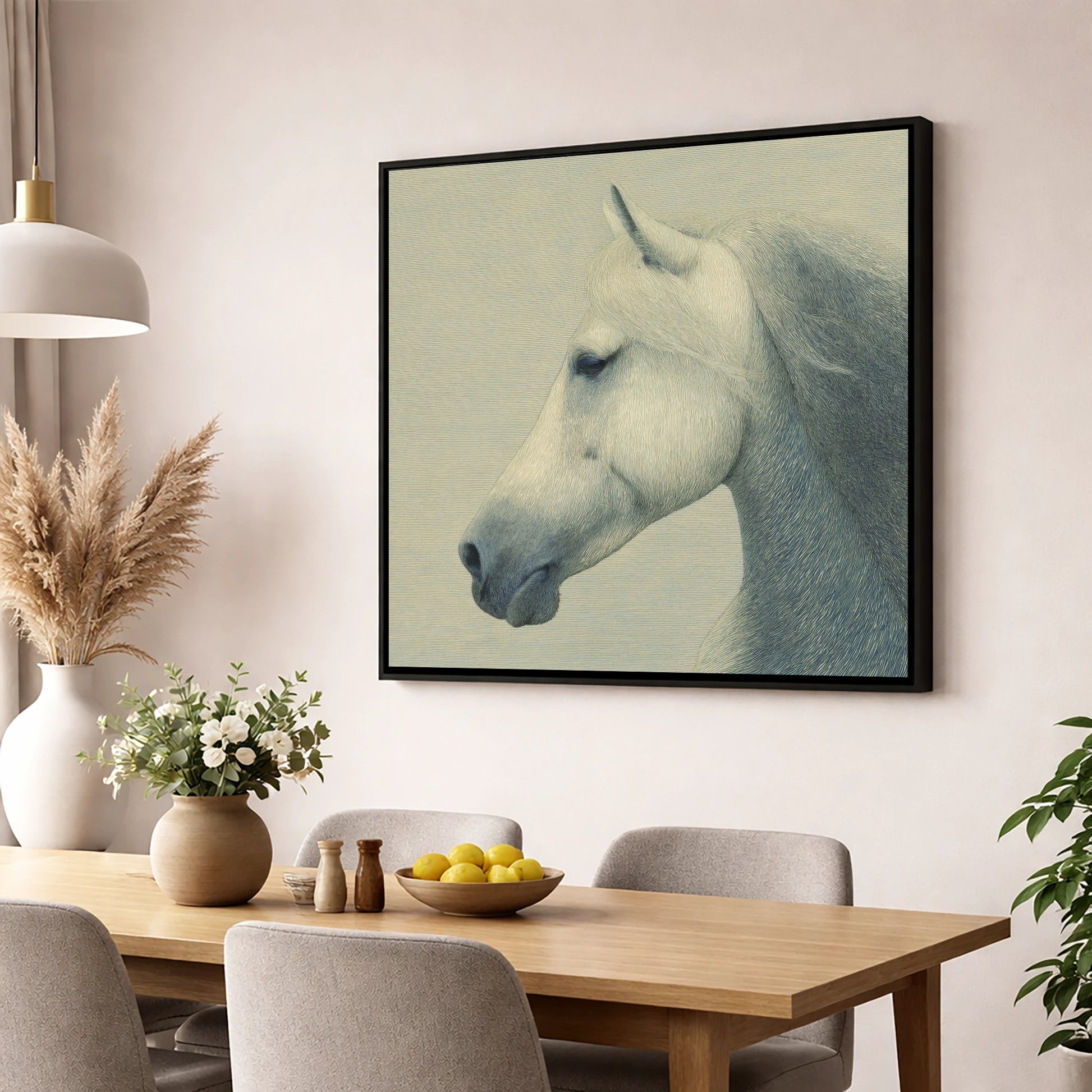 Timeless Grey Profile horse breed wall art displayed in a dining room