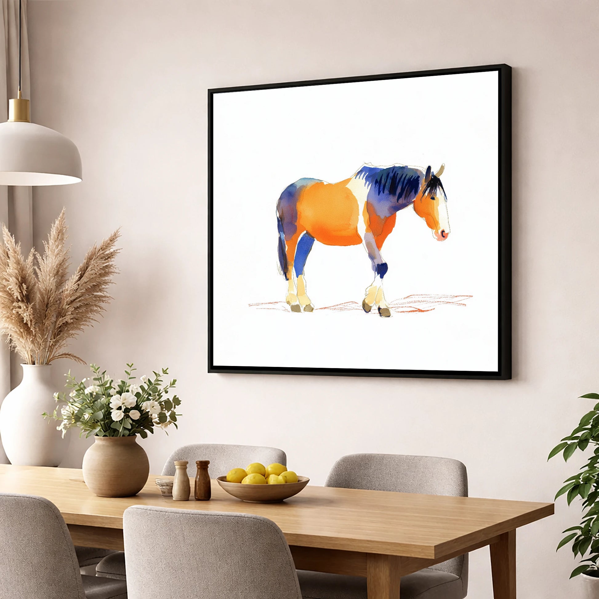 Vivid Working Stance working horse wall art displayed in a dining room