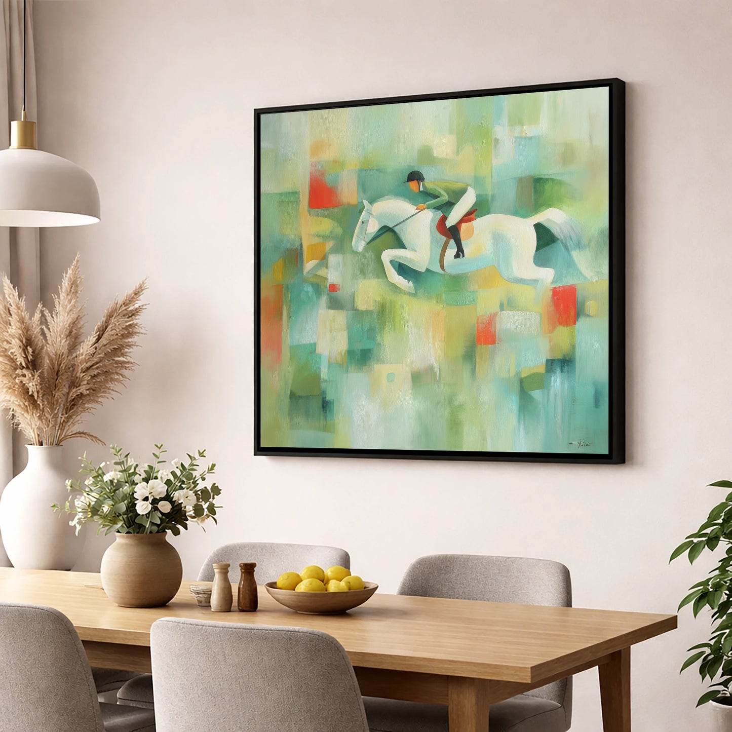 The Modern Leap show jumping horse wall art displayed in a dining room