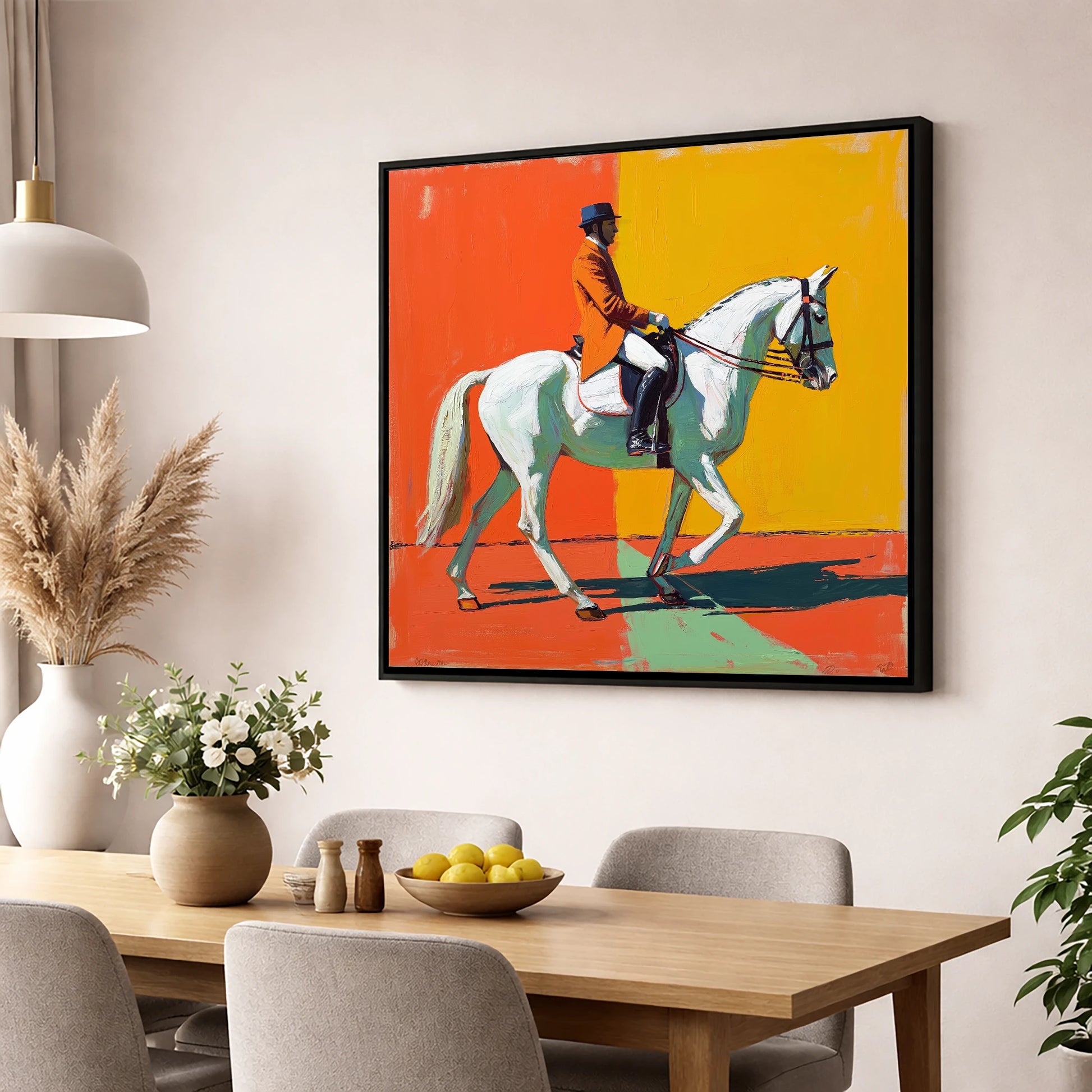 Rhythm In Colour dressage horse wall art displayed in a dining room