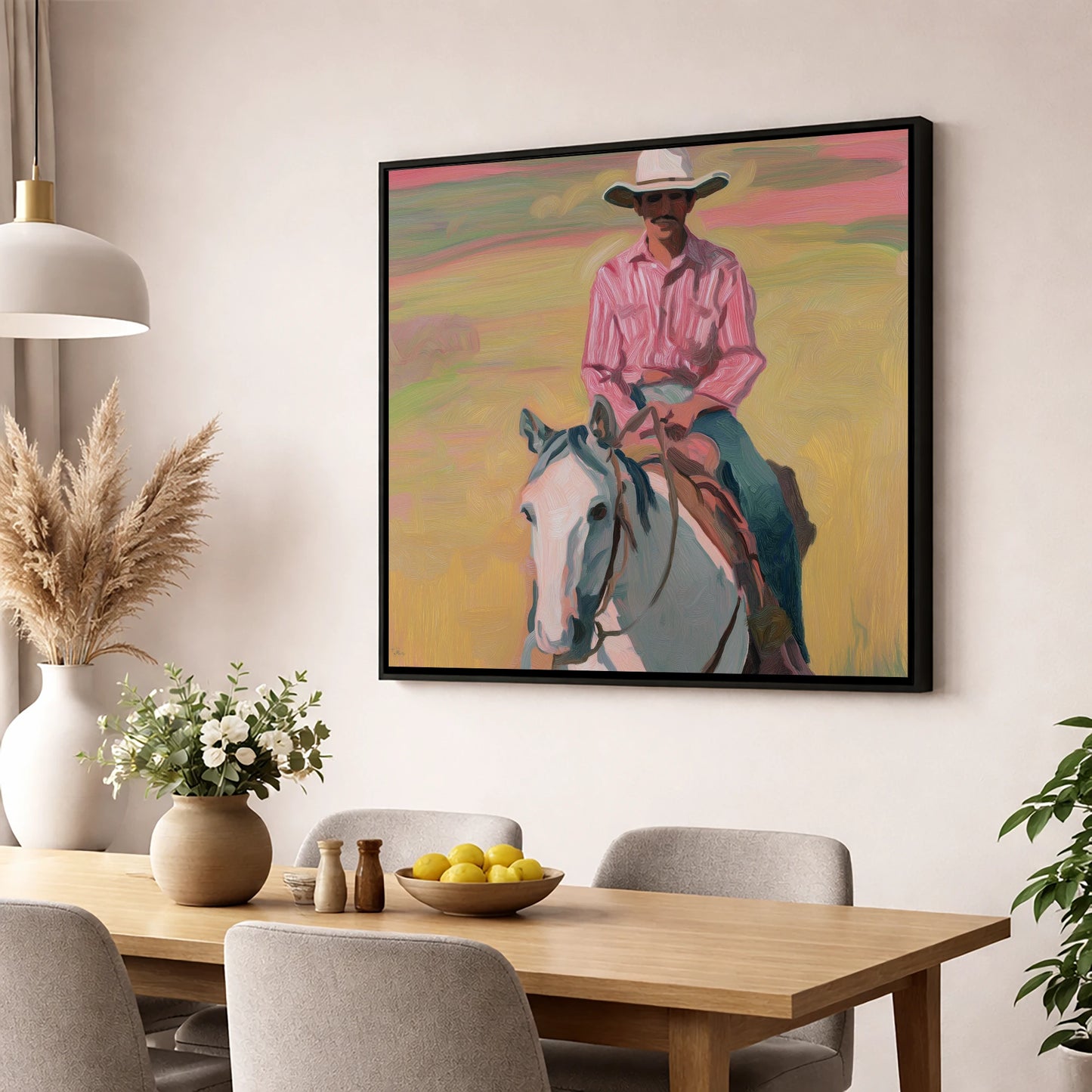 Dusk on the Plains western horse wall art displayed in a dining room