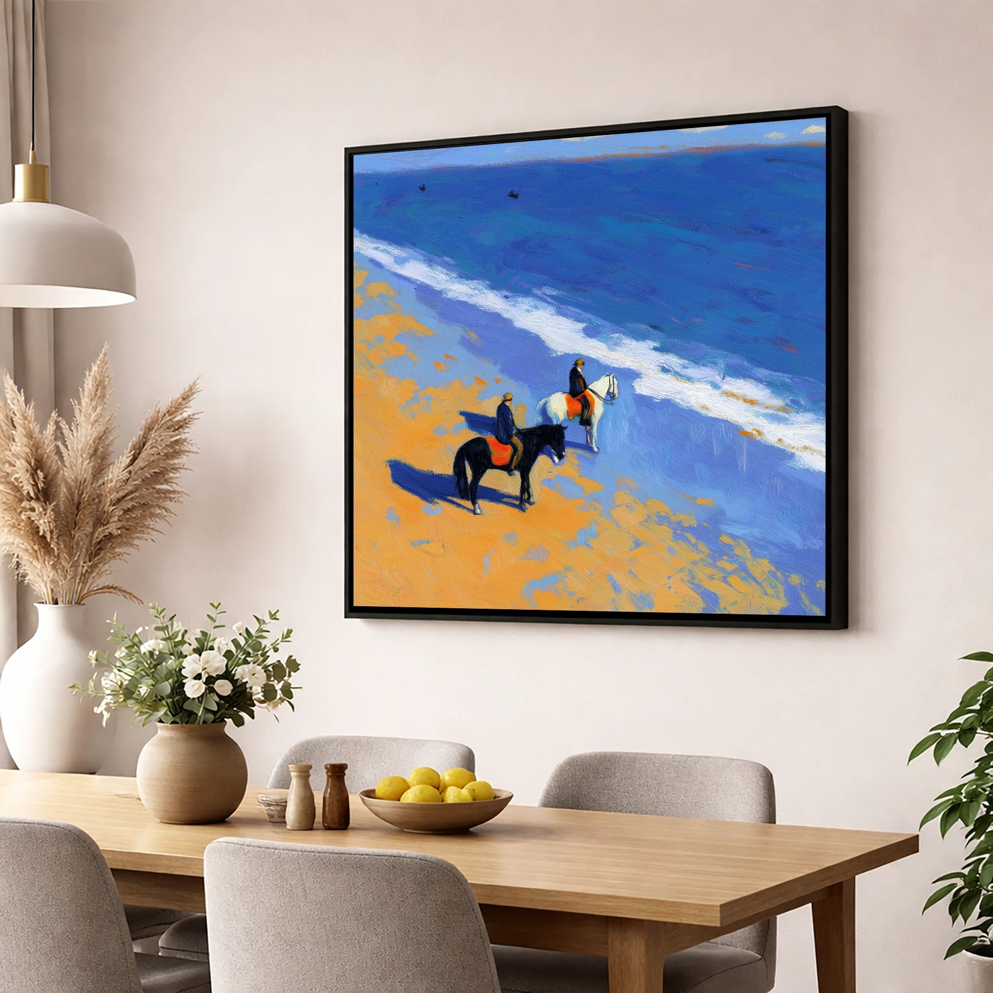 Sunlit Coastal Hack horse landscape wall art displayed in a dining room