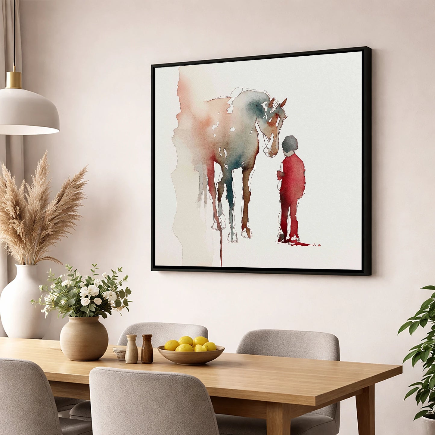 The Unspoken Bond horse & rider wall art displayed in a dining room