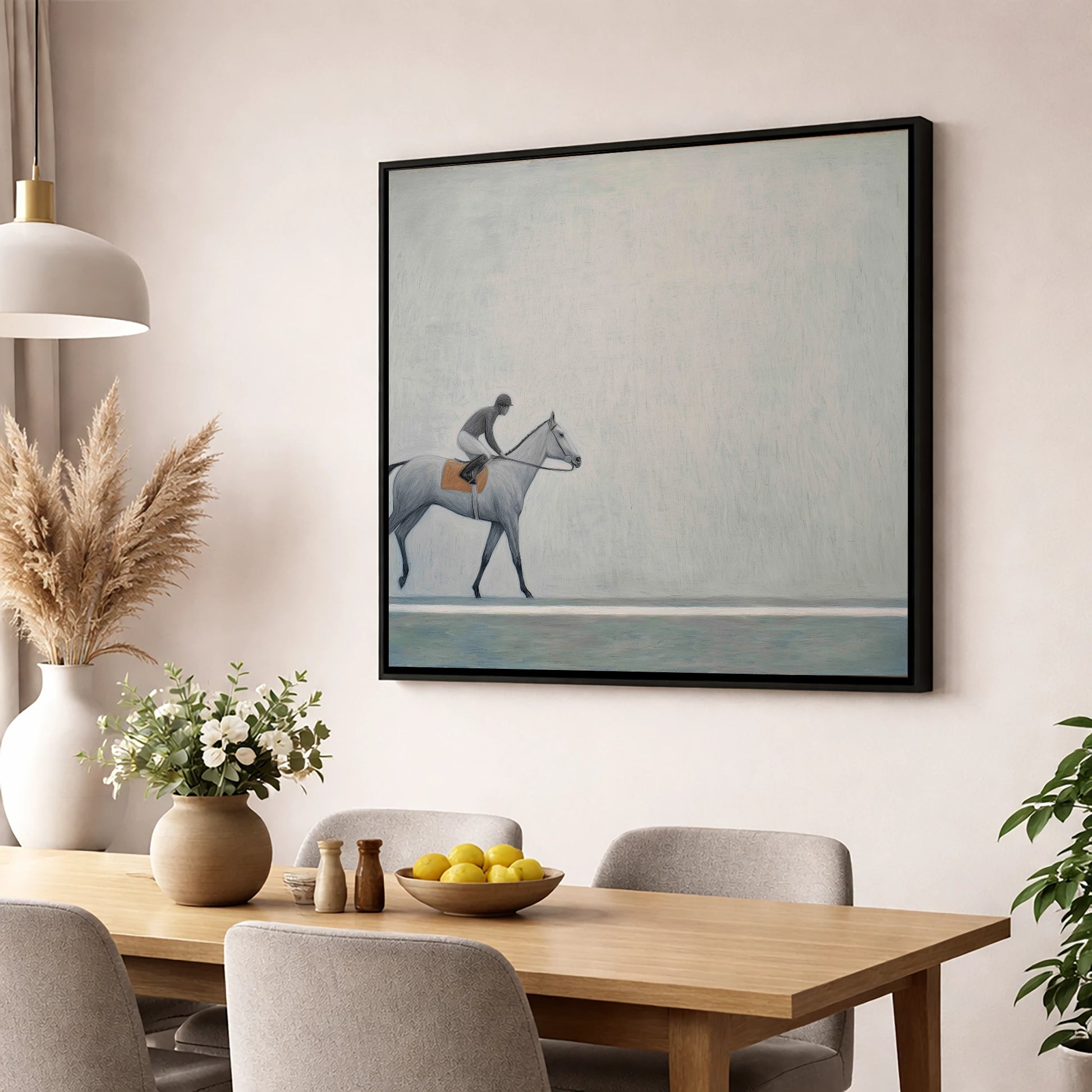 Silent Stride racing horse wall art displayed in a dining room