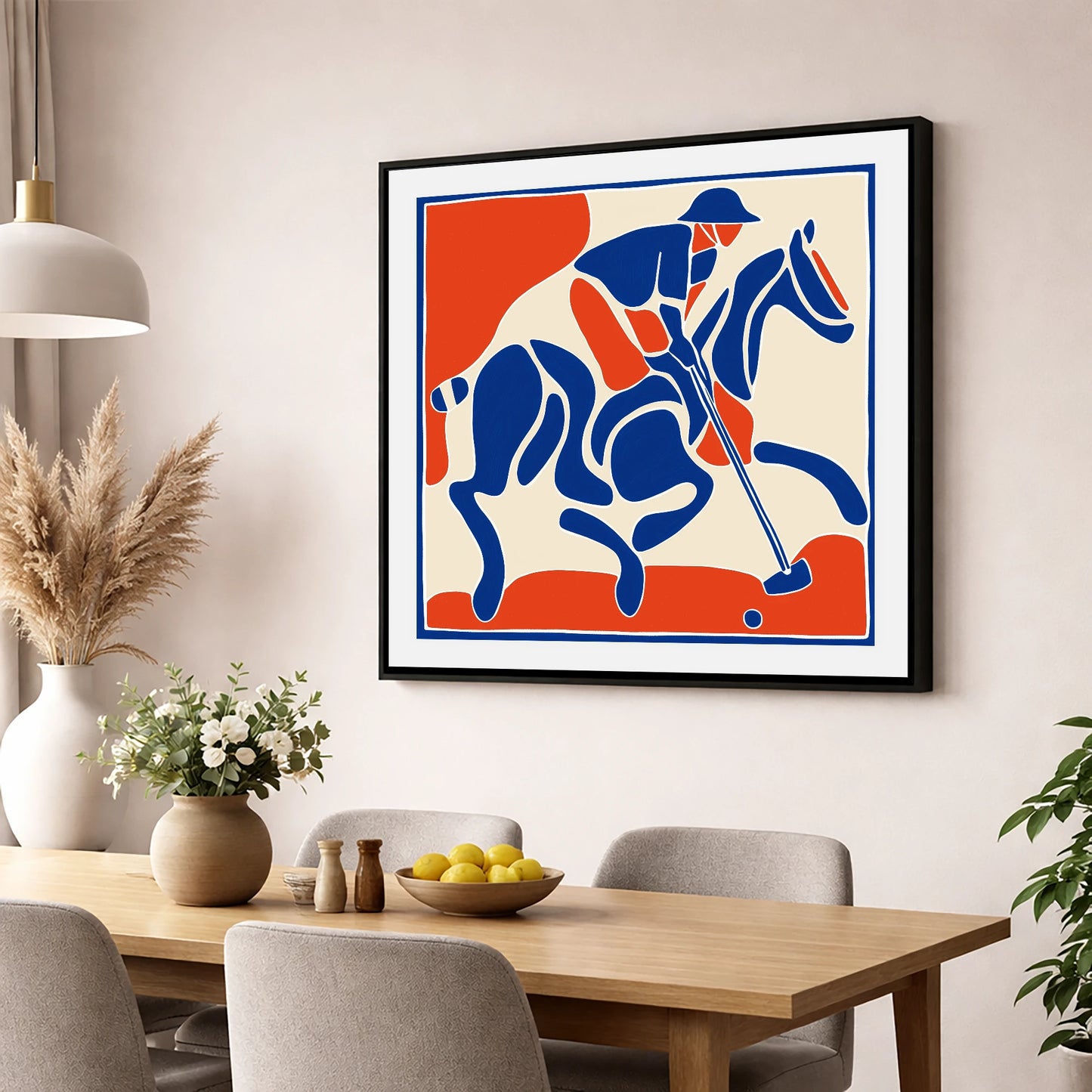 The Decisive Strike polo horse wall art displayed in a dining room