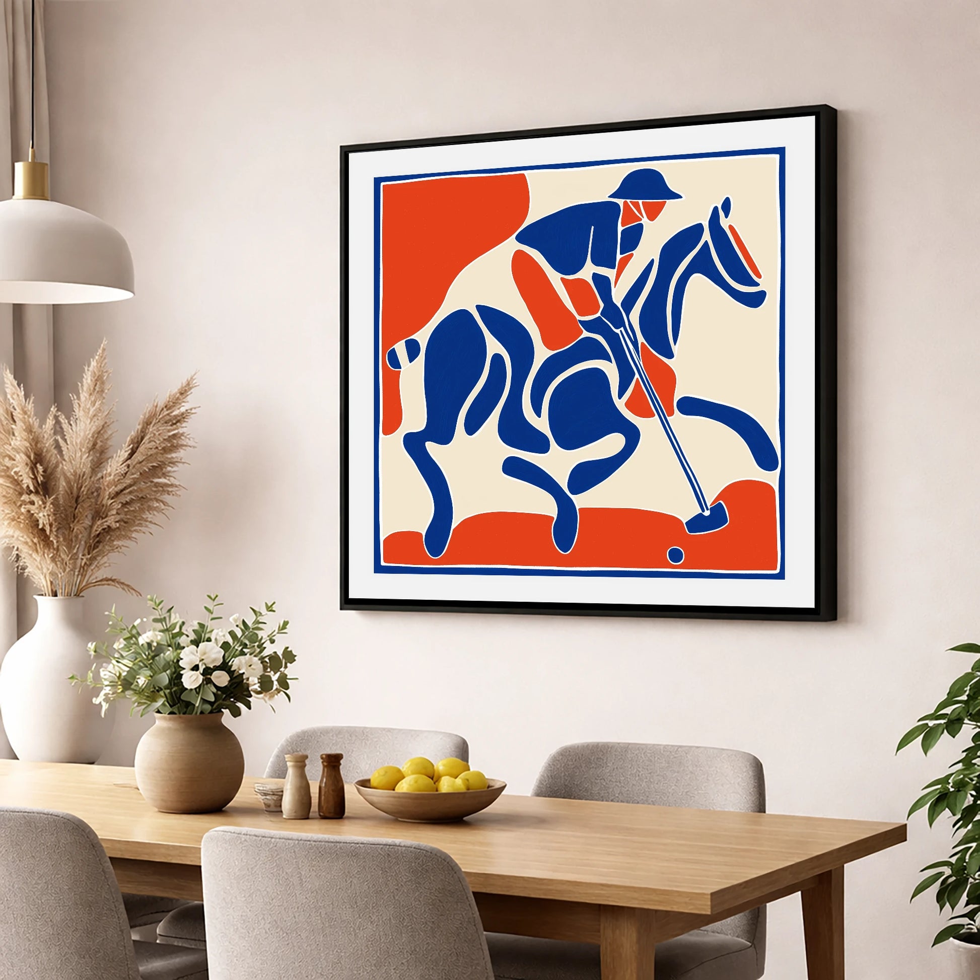 The Decisive Strike polo horse wall art displayed in a dining room