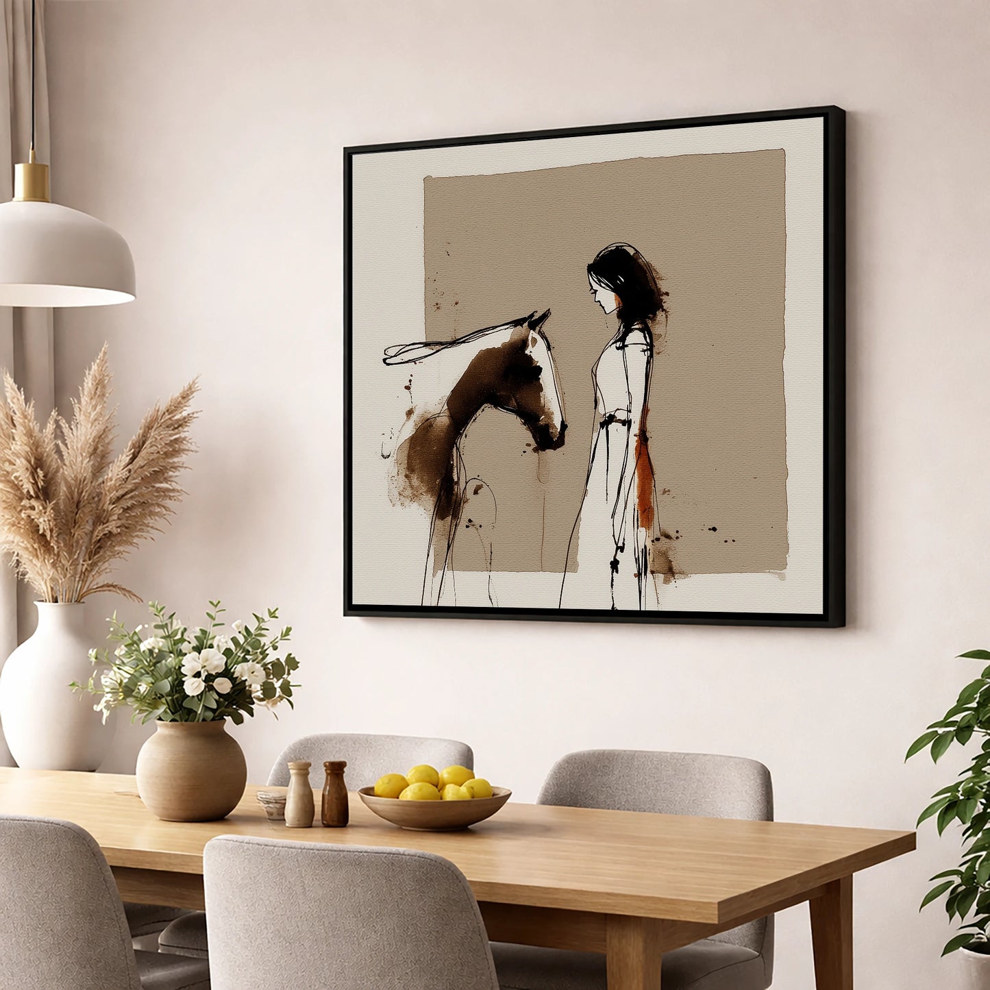 The Unspoken Bond horse & rider wall art displayed in a dining room