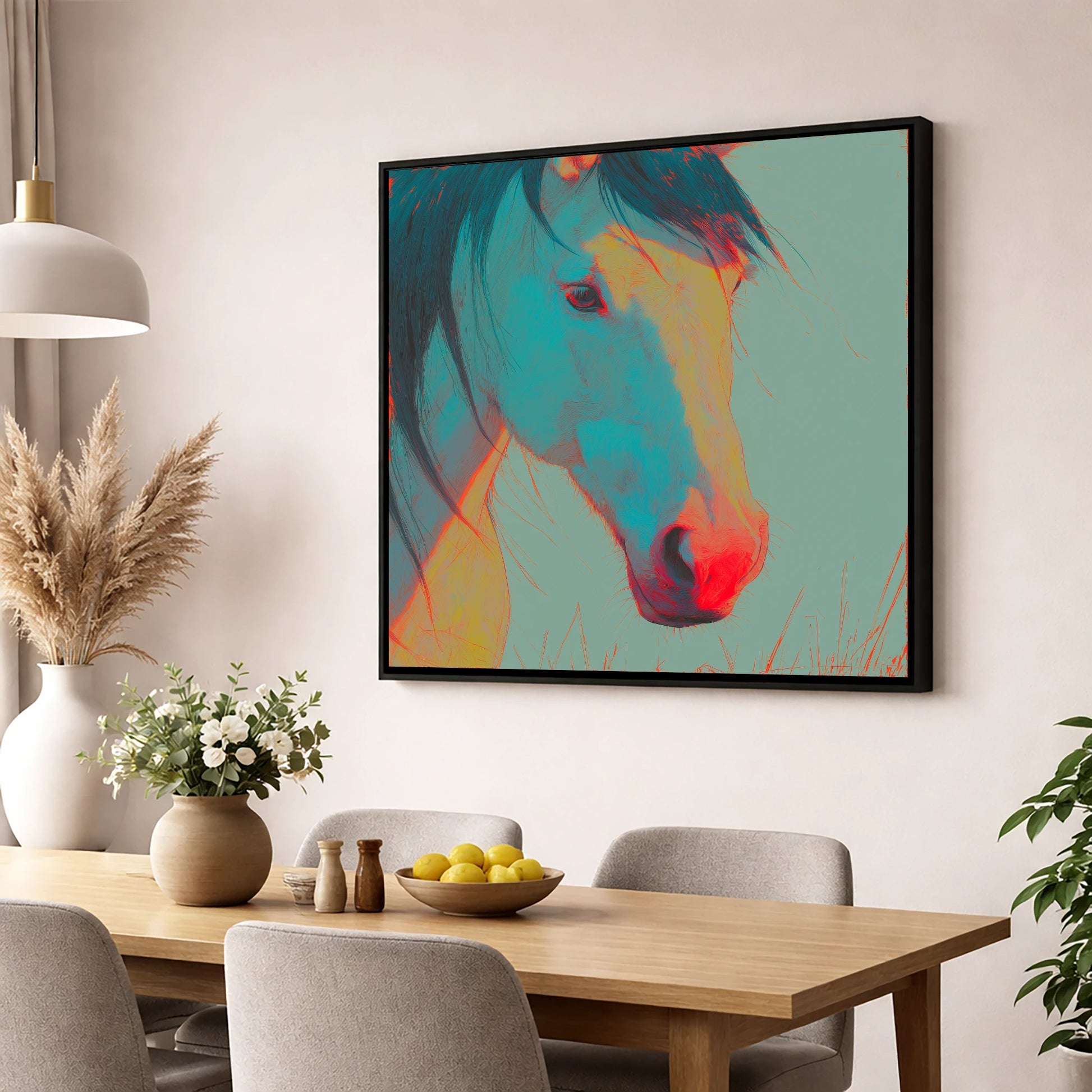 Neon Equine Gaze horse portrait wall art displayed in a dining room