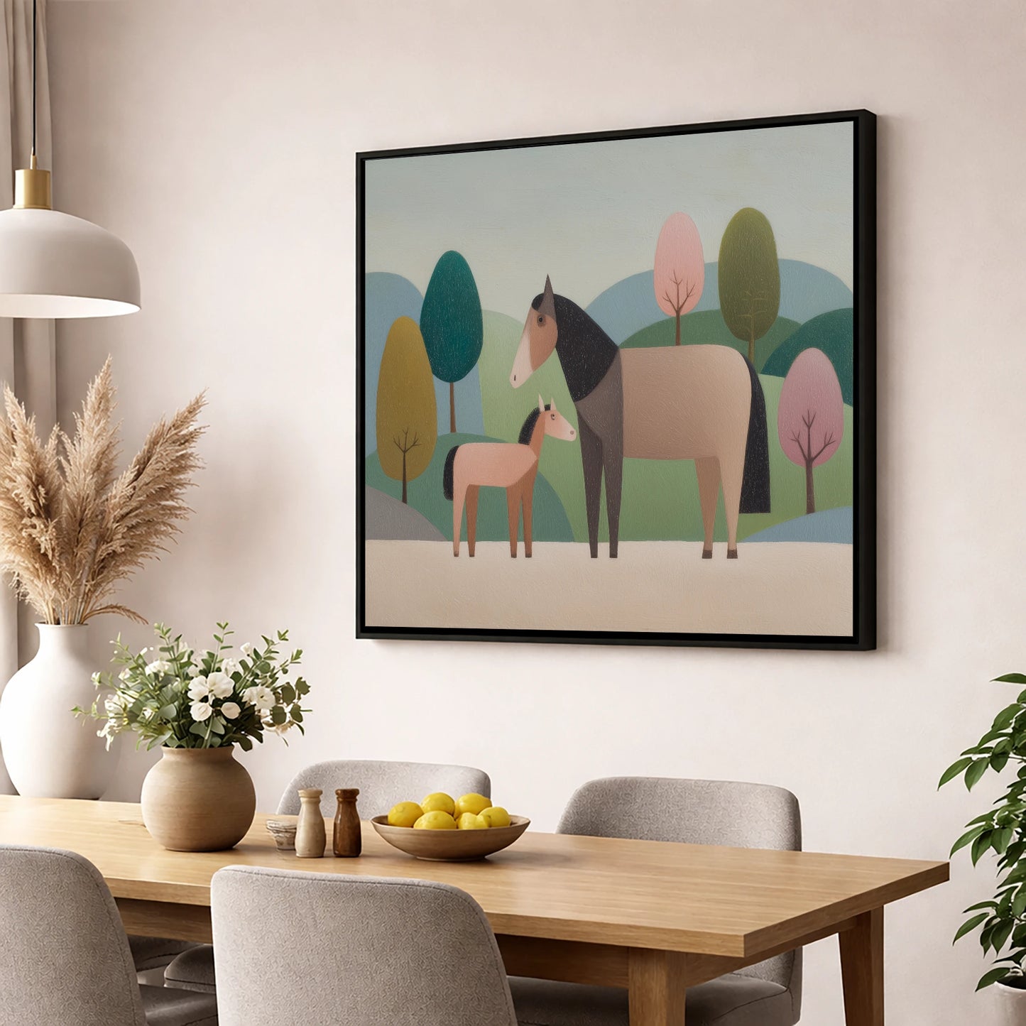 Pastoral Harmony mare & foal wall art displayed in a dining room
