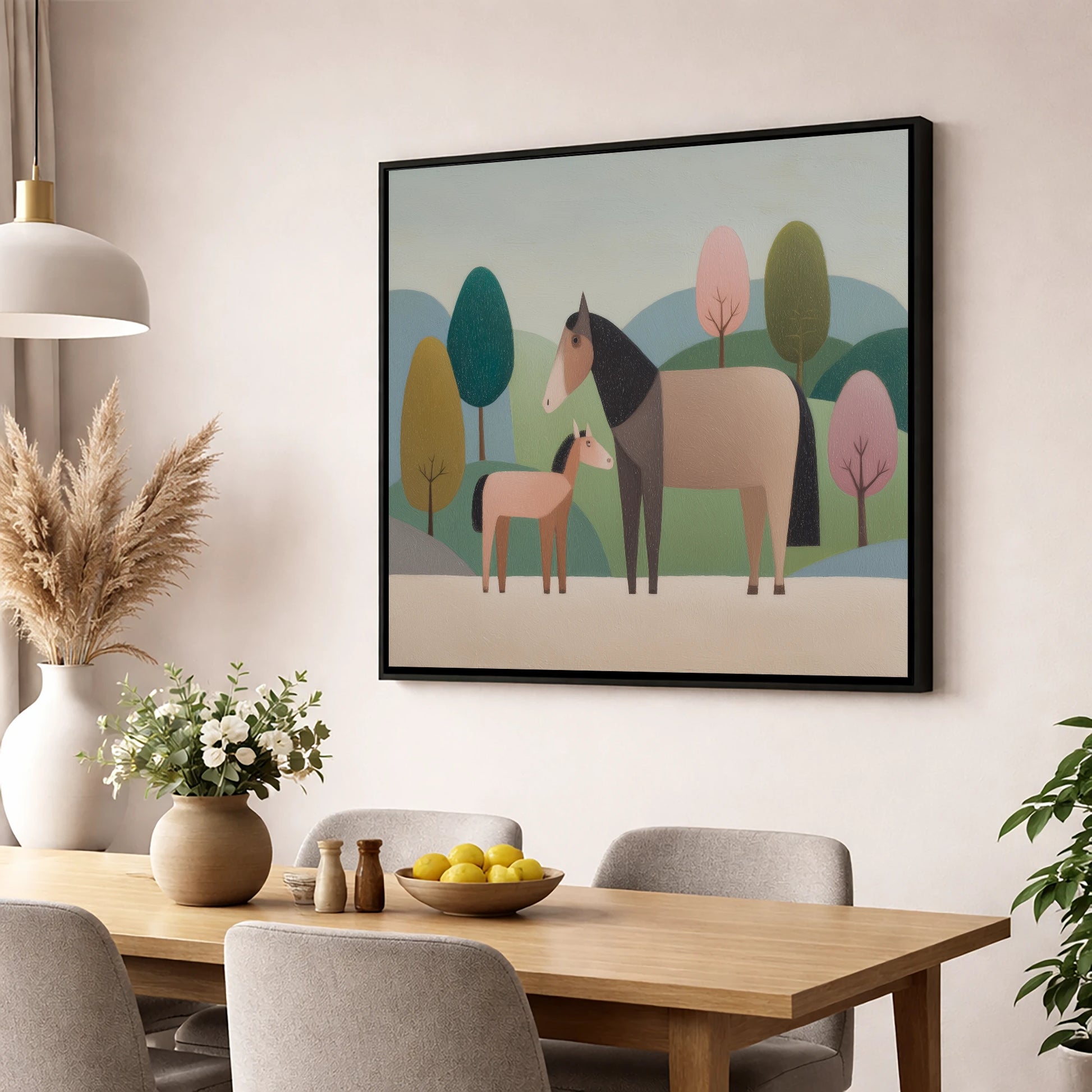 Pastoral Harmony mare & foal wall art displayed in a dining room