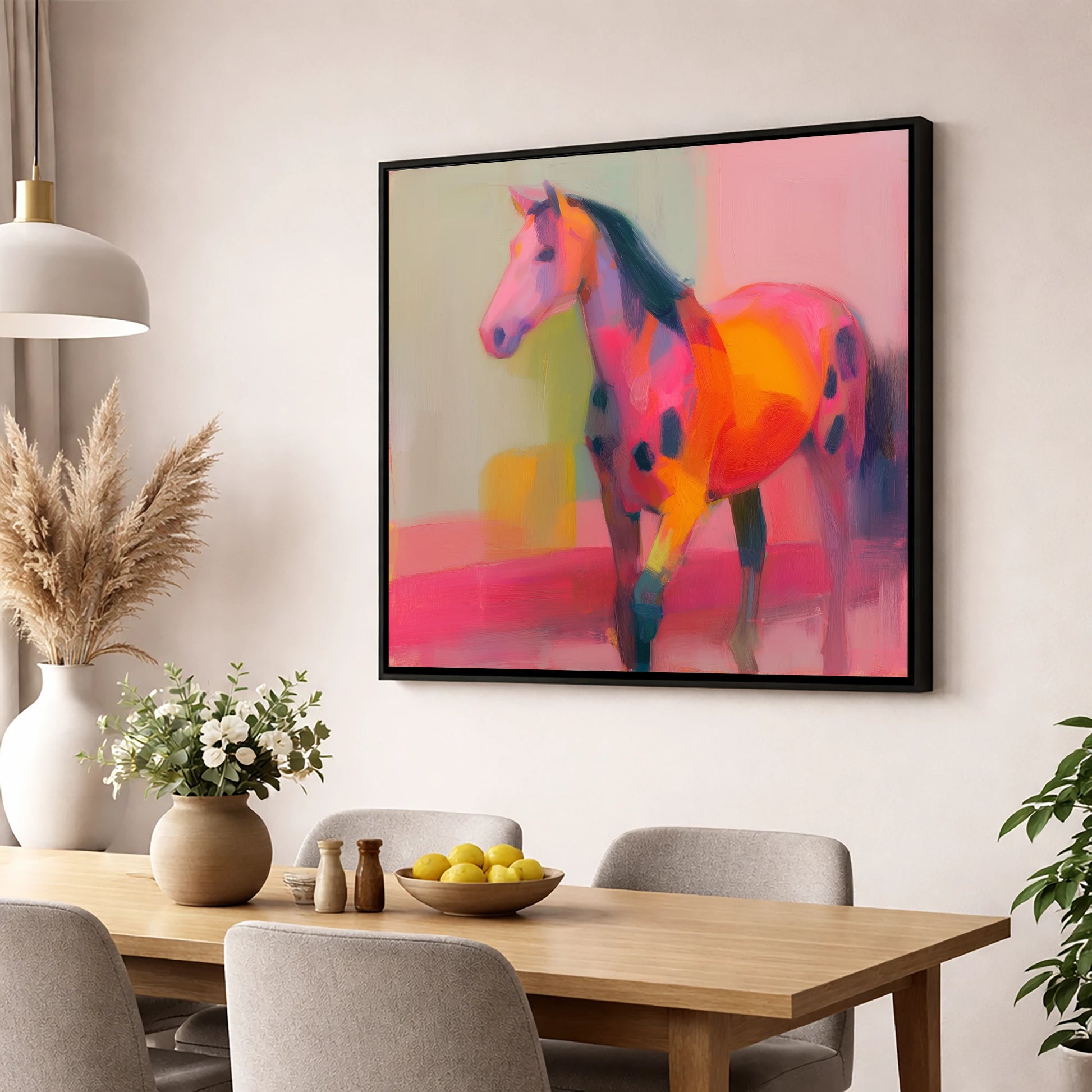 Vivid Appaloosa Spirit horse breed wall art displayed in a dining room