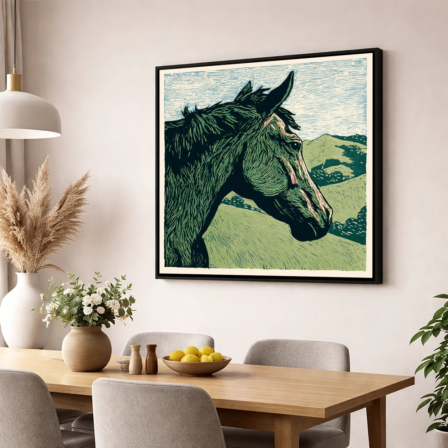 Verdant Valley Gaze horse portrait wall art displayed in a dining room