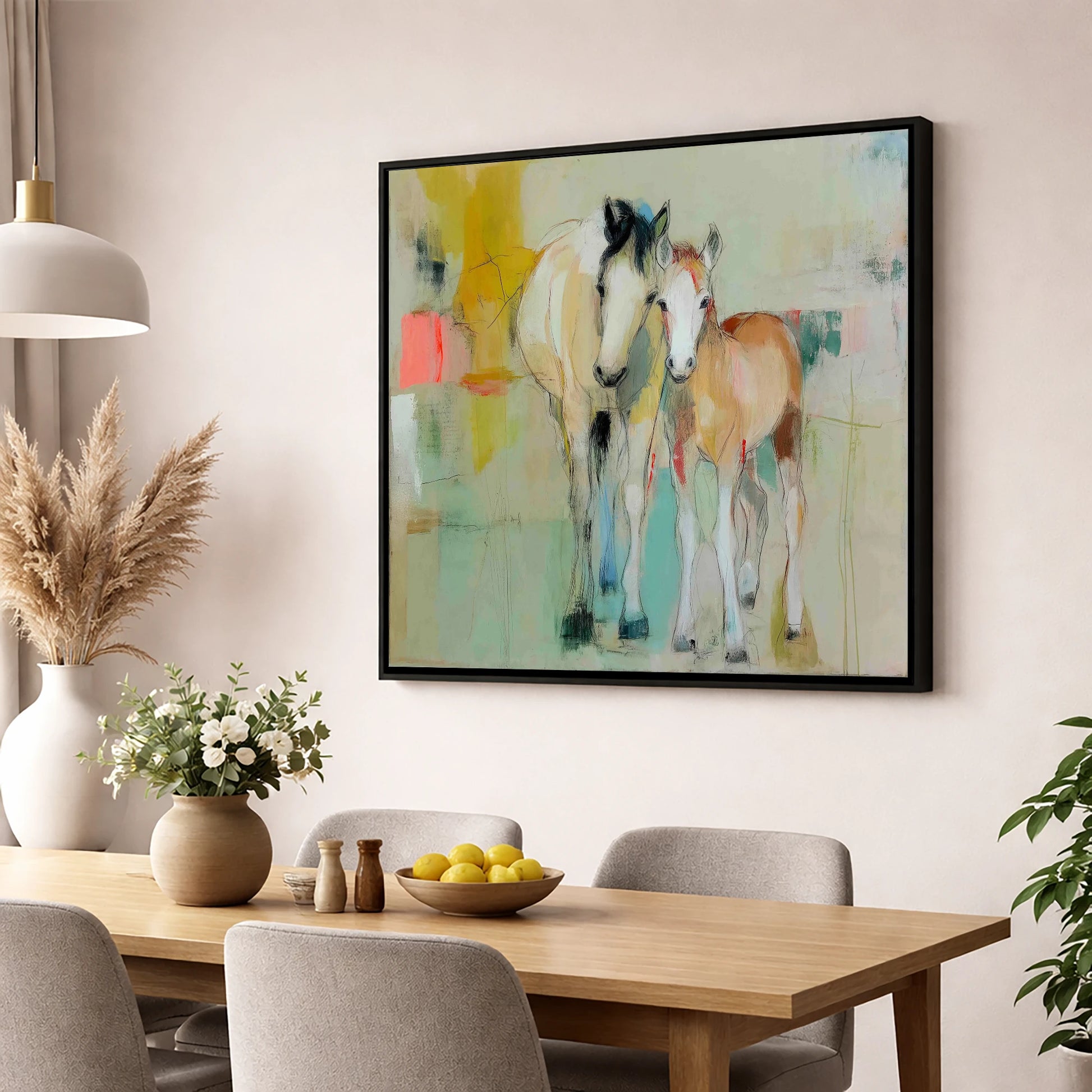 Gentle Nurture mare & foal wall art displayed in a dining room