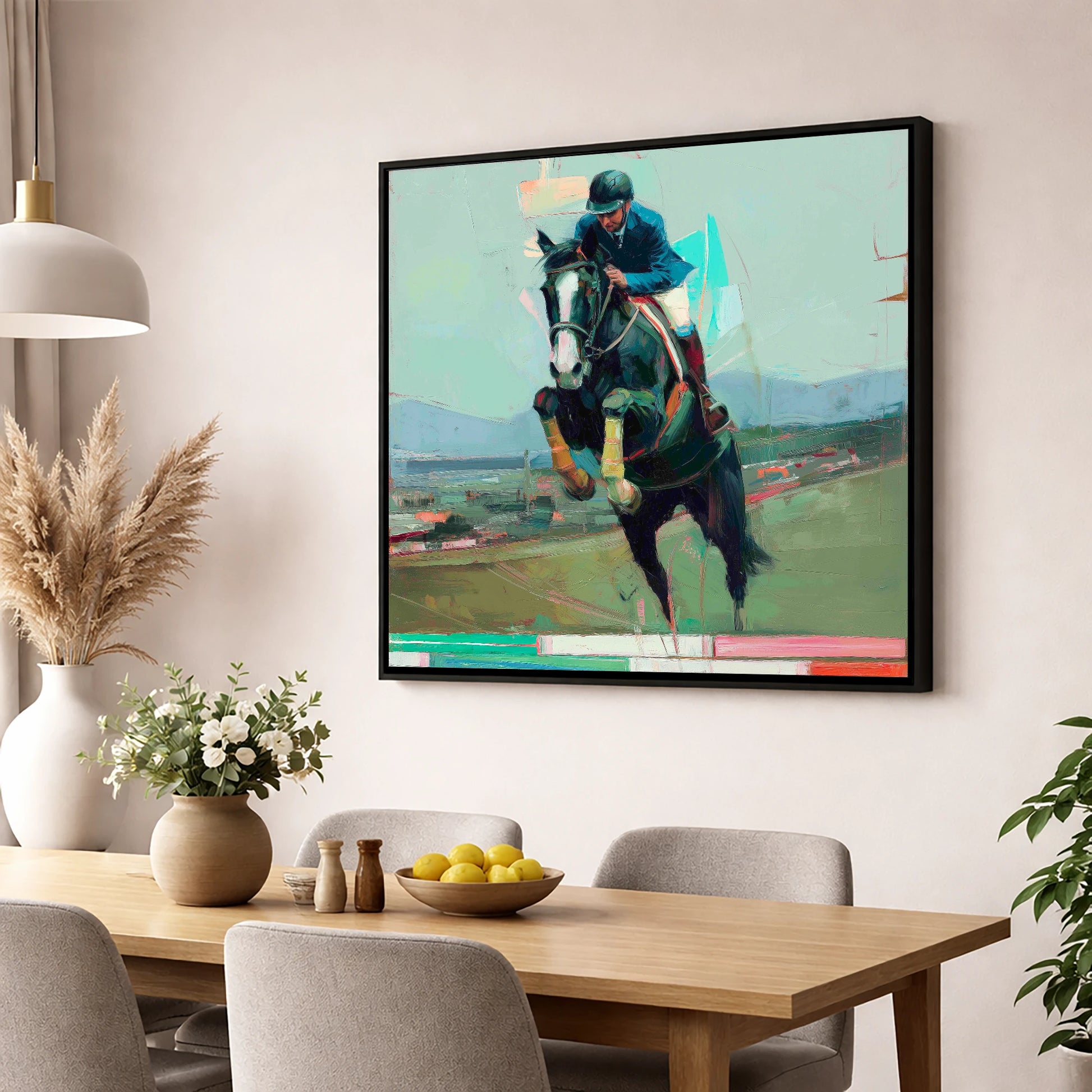 Bold Ascent show jumping horse wall art displayed in a dining room
