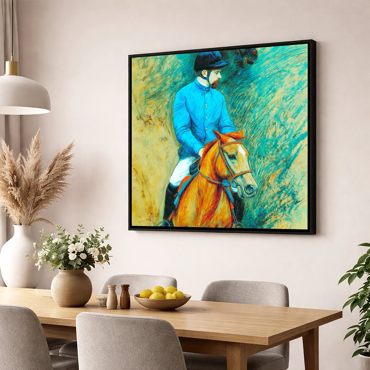 The Cerulean Jockey racing horse wall art displayed in a dining room