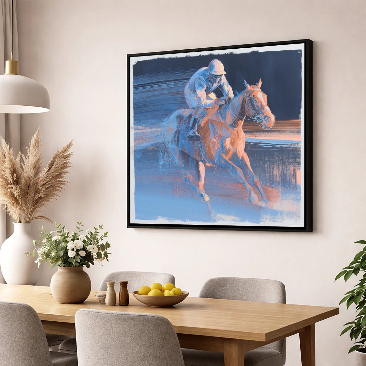Twilight Stretch racing horse wall art displayed in a dining room