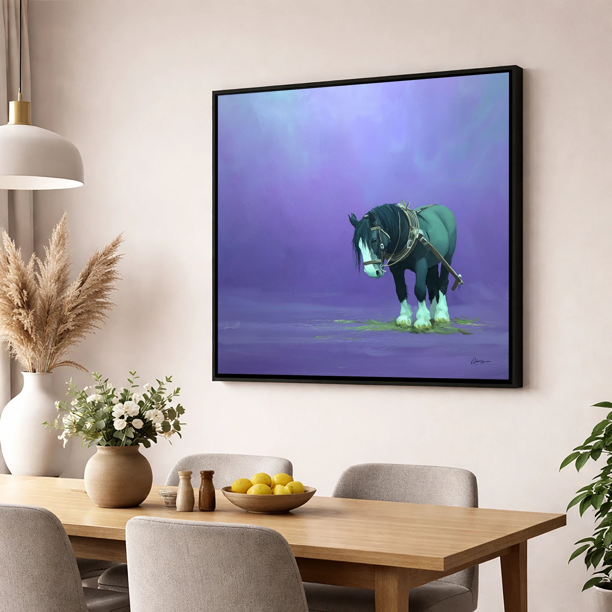 Twilight Rest working horse wall art displayed in a dining room