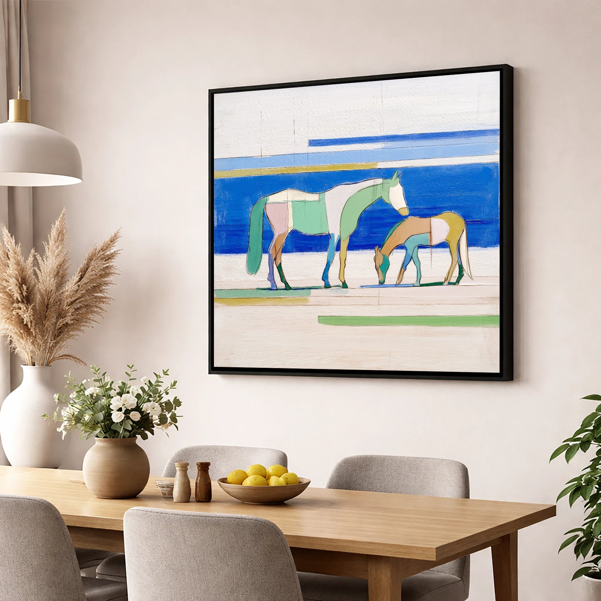 Azure Equine Geometry horse landscape wall art displayed in a dining room