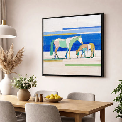 Azure Equine Geometry horse landscape wall art displayed in a dining room