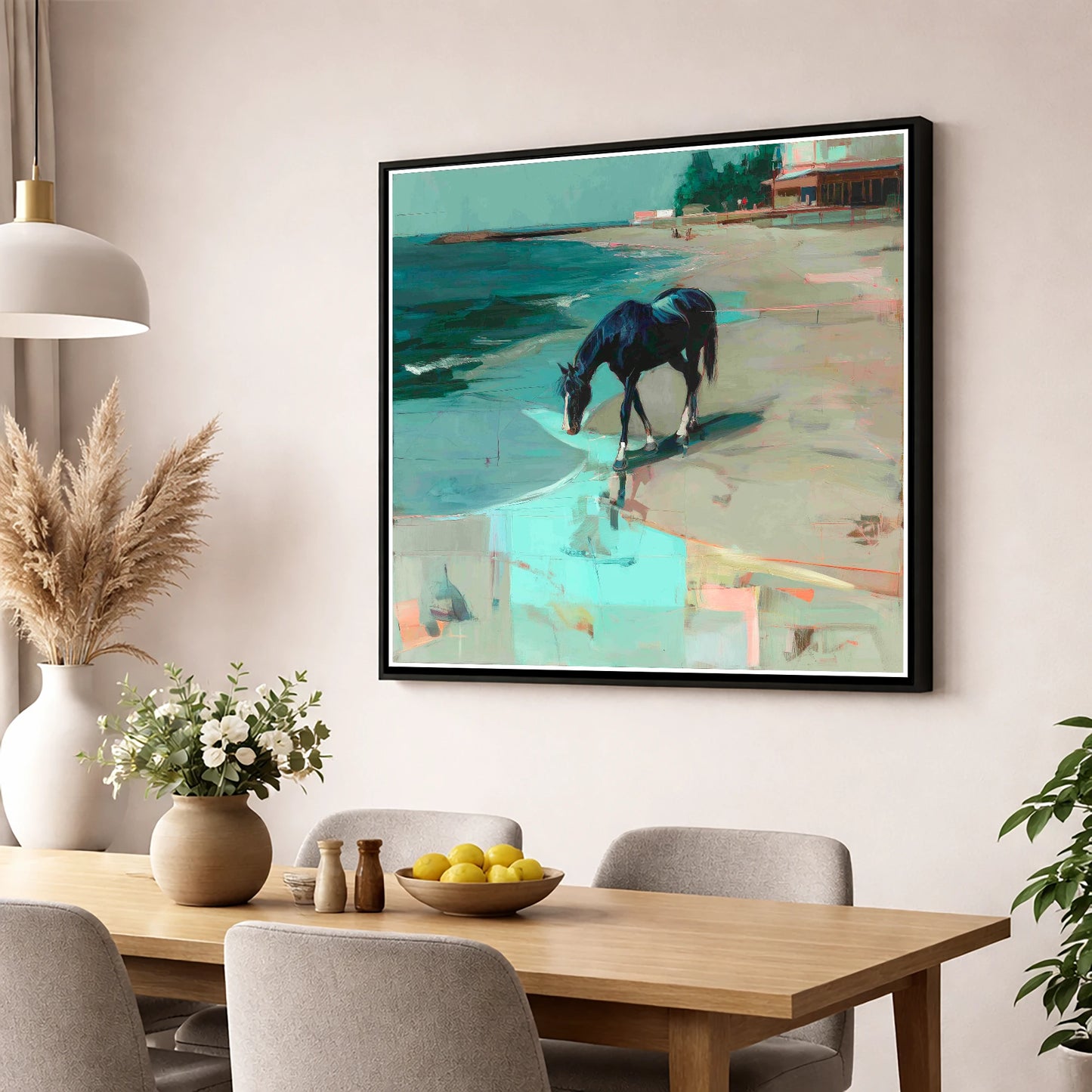 Coastal Solitude horse landscape wall art displayed in a dining room
