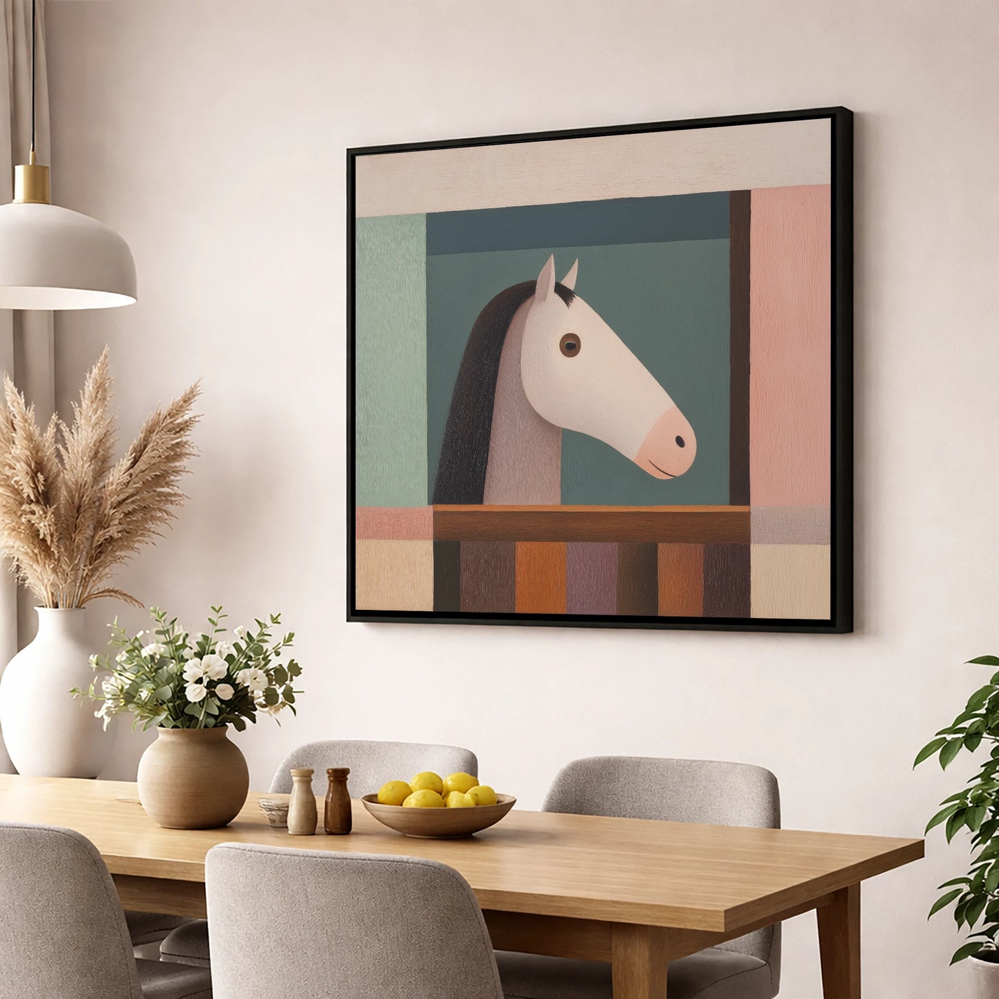 The Quiet Stable Companion horse stable wall art displayed in a dining room
