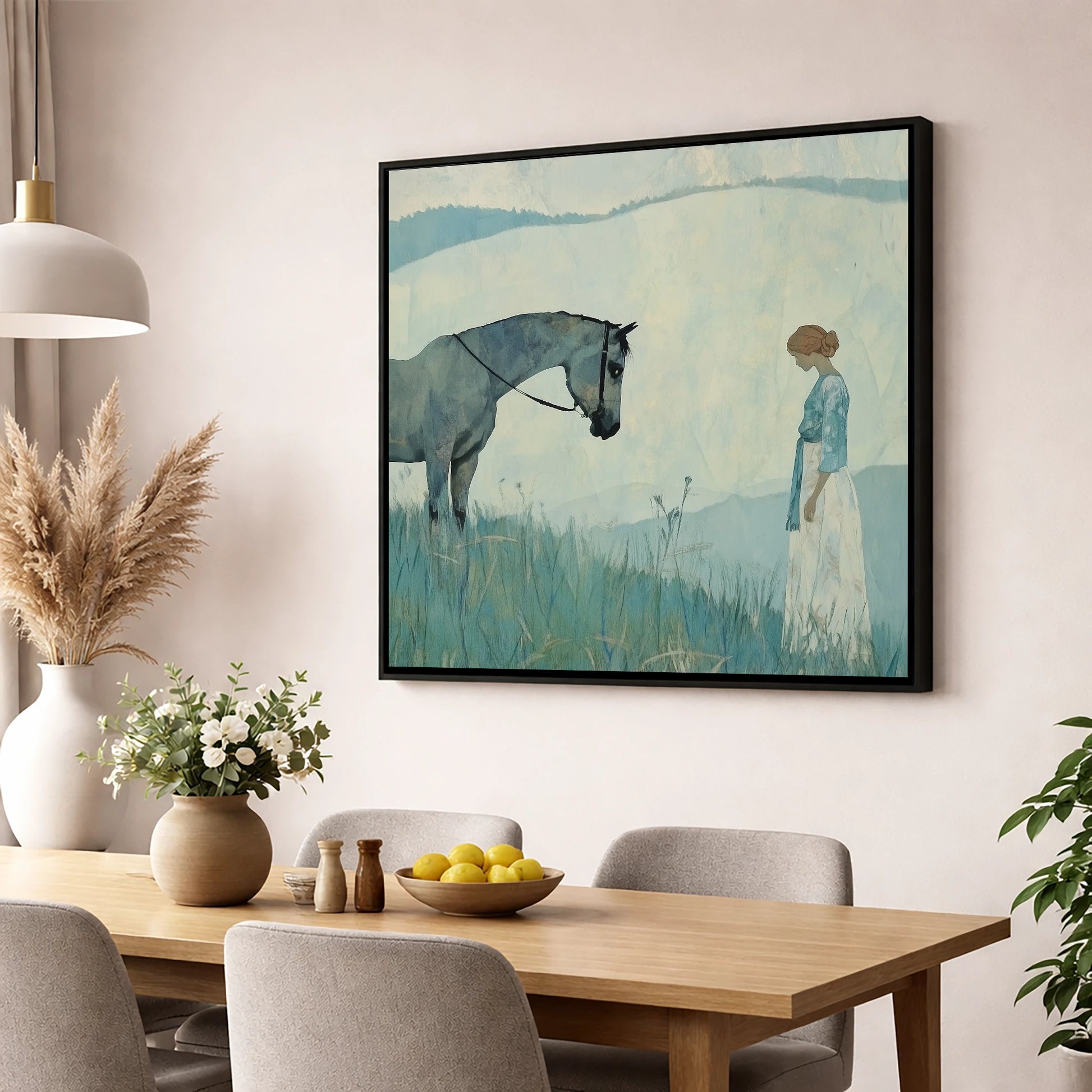Gentle Regard horse & rider wall art displayed in a dining room