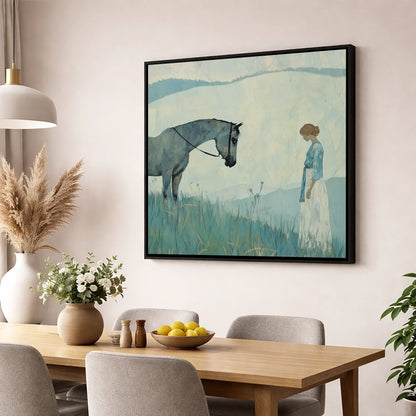 Gentle Regard horse & rider wall art displayed in a dining room
