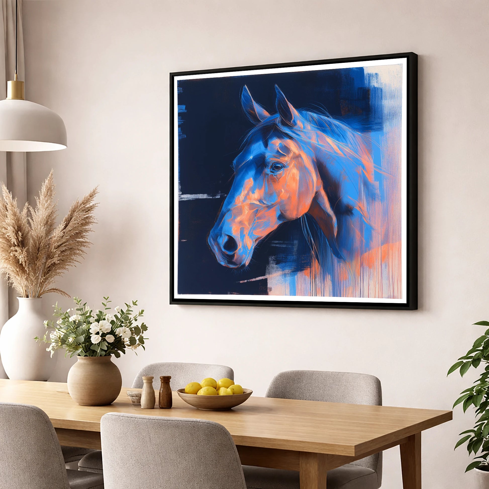 Cobalt and Copper Gaze horse portrait wall art displayed in a dining room