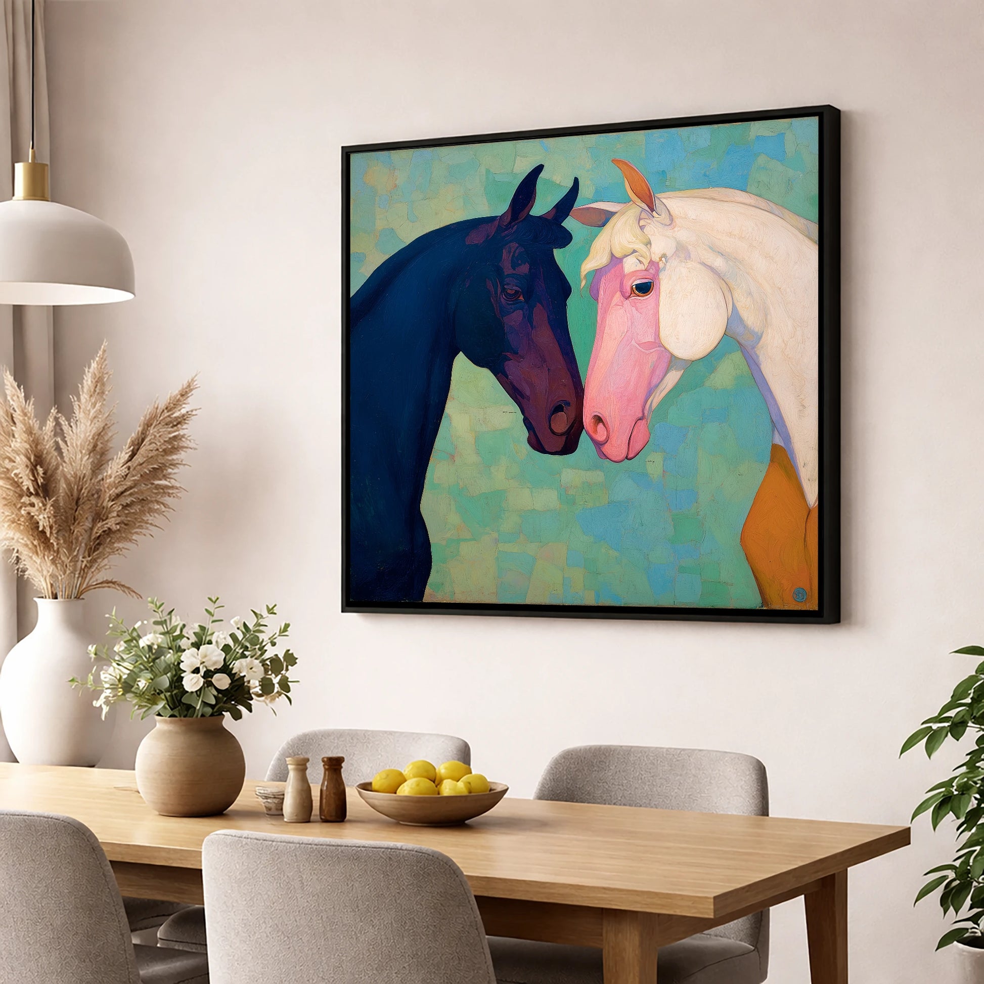 Sapphire and Rose horse portrait wall art displayed in a dining room